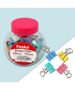 Foska Щипки за пари, 19 mm, цветни, 32 броя в буркан