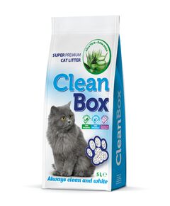 CLEAN BOX Super Premium Алое Вера, постелка за котешка тоалетна, фин бял бентонит, 5 л