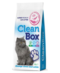 CLEAN BOX Super Premium бебешка пудра, постелка за котешка тоалетна, фин бял бентонит, 5 л