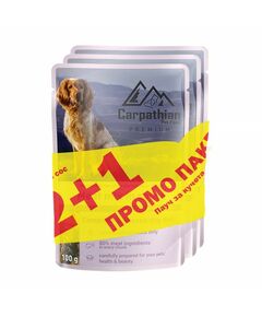 Carpathian Pet Food - пауч за кучета месен микс ПРОМО (пилешко, говеждо, пуешко и риба) в сос 16+8 х 100 г