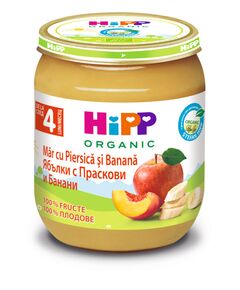 Hipp БИО ПЮРЕ ЯБЪЛКИ, БАНАНИ,ПРАСКОВИ 125г