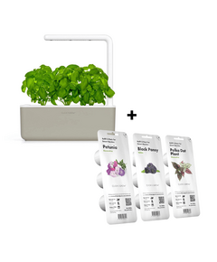 Комплект Click and Grow смарт саксия Smart Garden 3, Бежова + семена 3 броя - Черна теменужка/ Петуния/Хипоестес