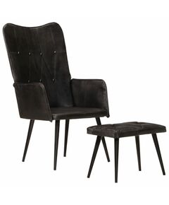 Wingback стол с табуретка, черен, естествена кожа