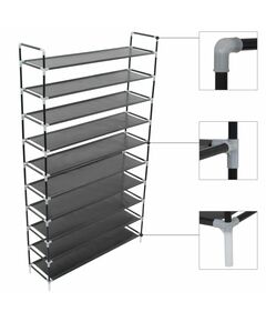 Стелаж за обувки с 10 рафта, метал и нетъкан текстил, черен