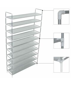 Стелаж за обувки с 10 рафта, метал и нетъкан текстил, черен