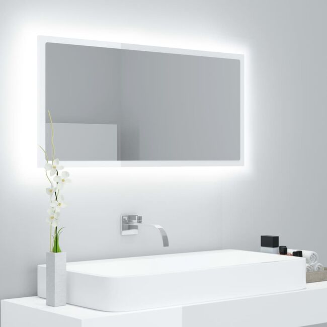 LED огледало за баня, бял гланц, 90x8,5x37 см, акрил, Цвят: Бял, Количество в пакет: 1